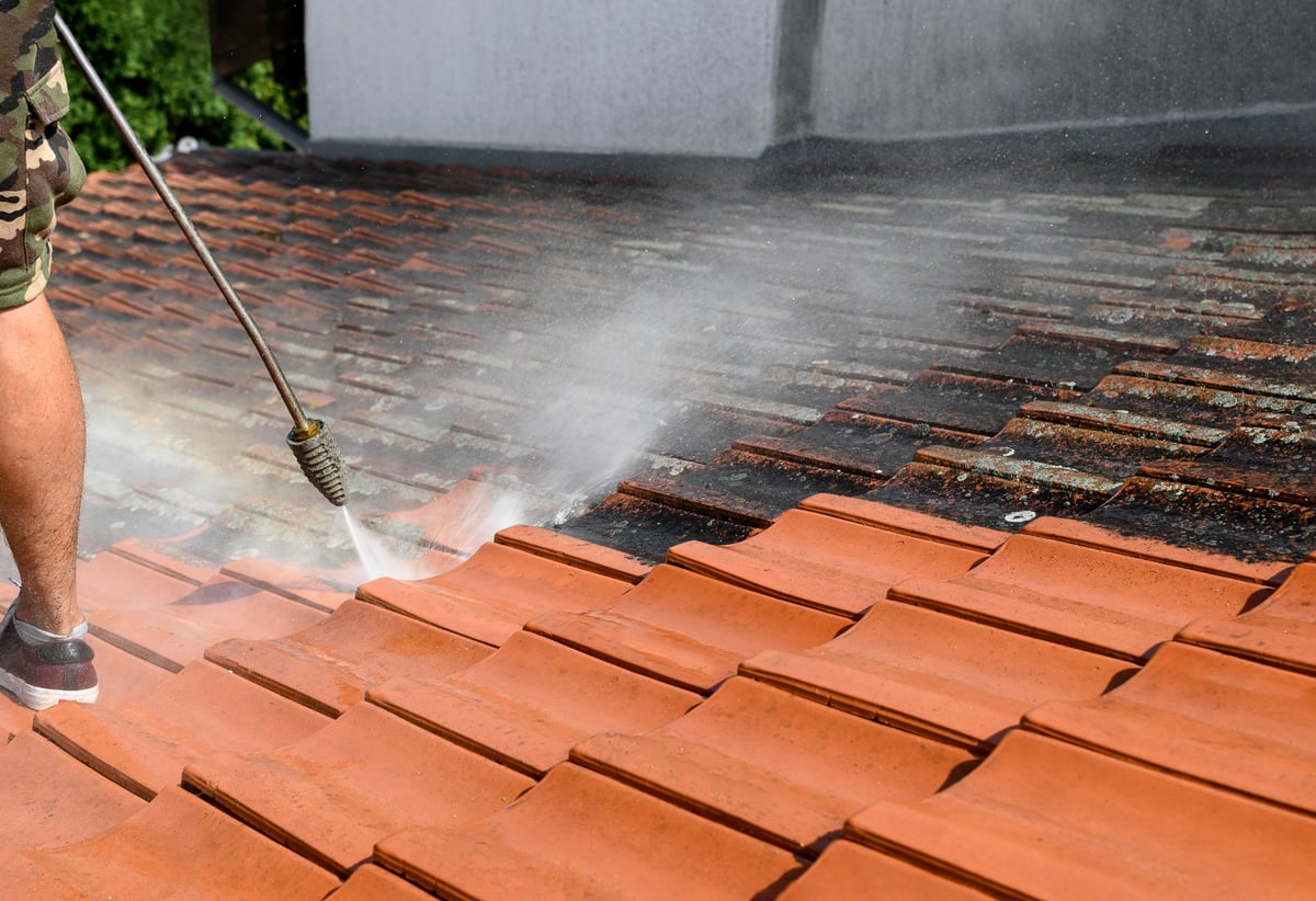 Before and after of roof tiles cleaned to remove dirt, moss, and lichen
