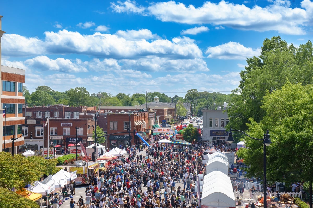 Historic Marietta Square with shops and visitors