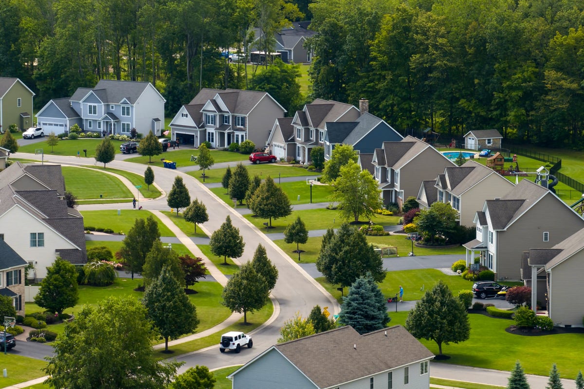 Aerial view of a Smyrna neighborhood of single-family homes